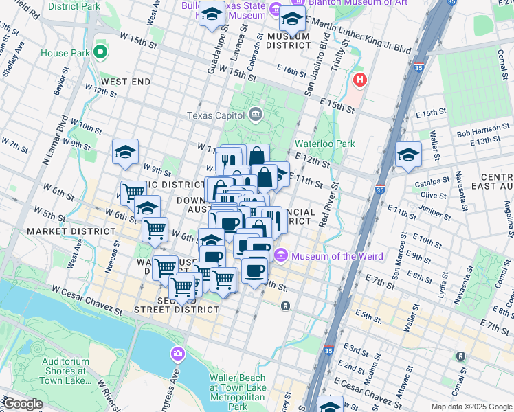 map of restaurants, bars, coffee shops, grocery stores, and more near in Austin