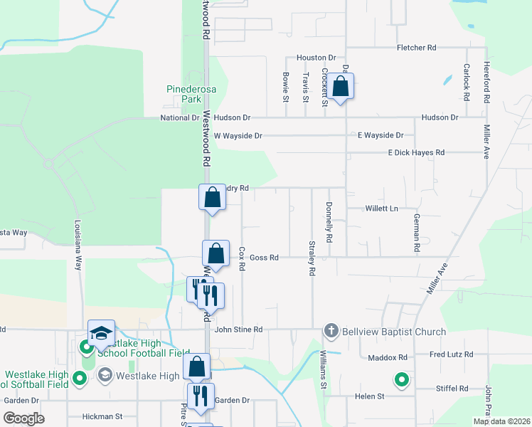 map of restaurants, bars, coffee shops, grocery stores, and more near 2524 Cox Road in Westlake
