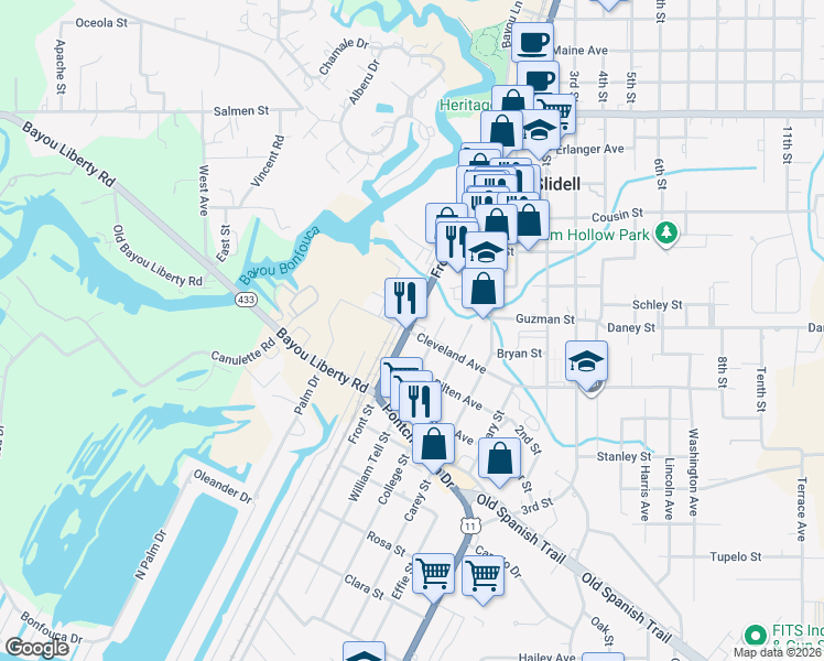 map of restaurants, bars, coffee shops, grocery stores, and more near 2594 Front Street in Slidell
