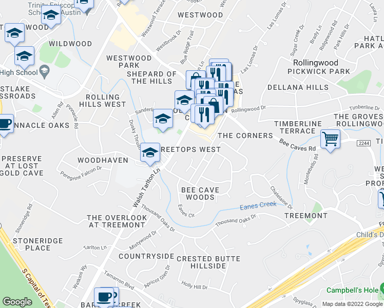 map of restaurants, bars, coffee shops, grocery stores, and more near 1201 Verdant Way in Austin