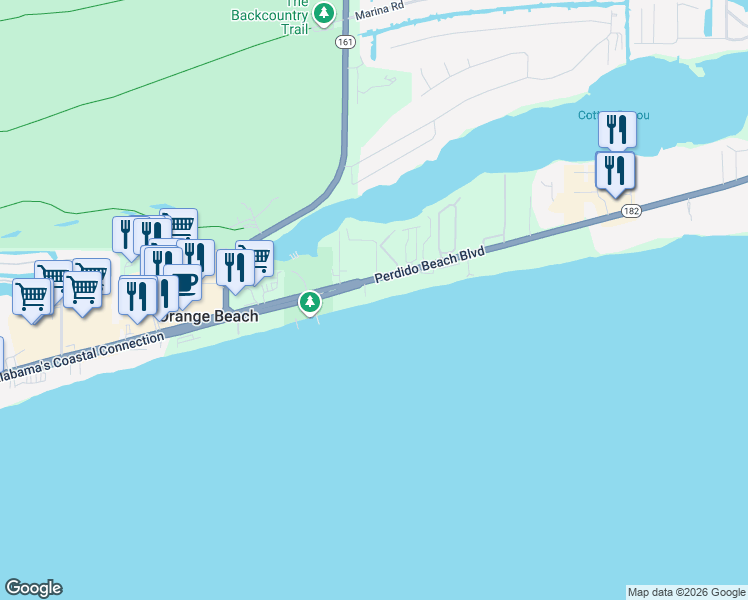 map of restaurants, bars, coffee shops, grocery stores, and more near 26072 Alabama 182 in Orange Beach