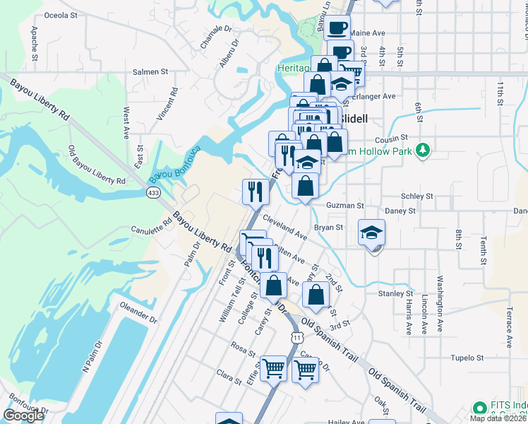 map of restaurants, bars, coffee shops, grocery stores, and more near 2594 Front Street in Slidell