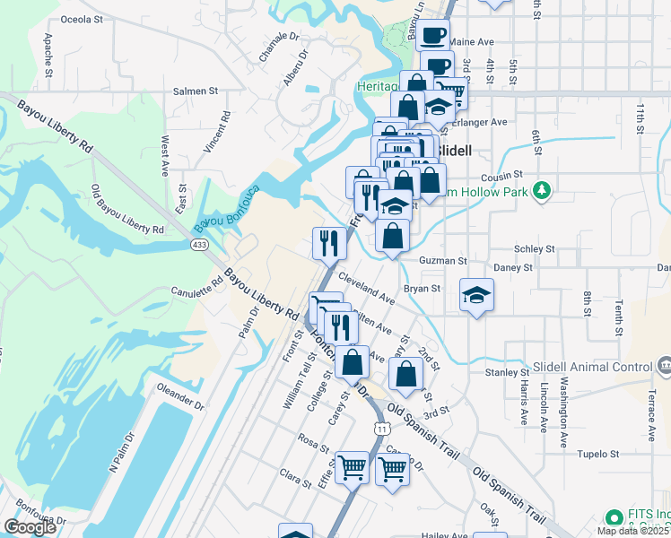 map of restaurants, bars, coffee shops, grocery stores, and more near 2594 Front Street in Slidell