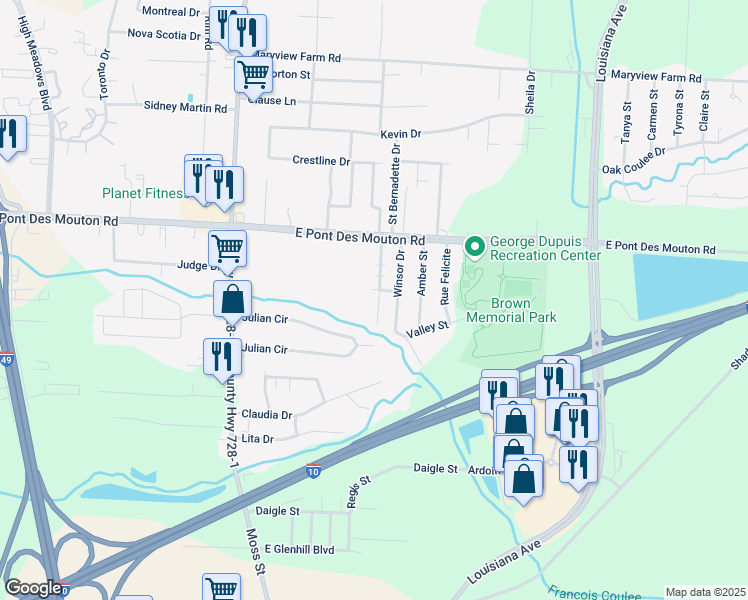 map of restaurants, bars, coffee shops, grocery stores, and more near 206 Rue Royale in Lafayette