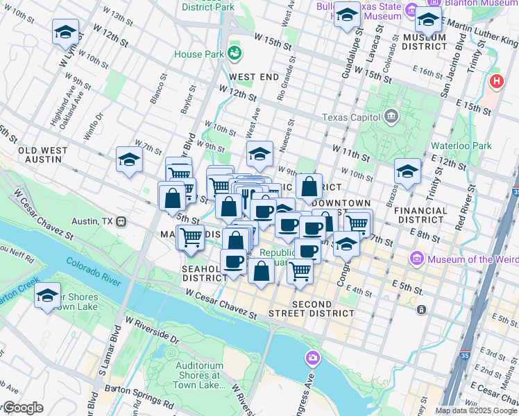 map of restaurants, bars, coffee shops, grocery stores, and more near 618 West 6th Street in Austin