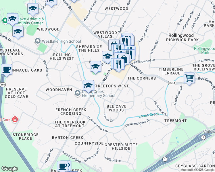 map of restaurants, bars, coffee shops, grocery stores, and more near 1201 Verdant Way in Austin