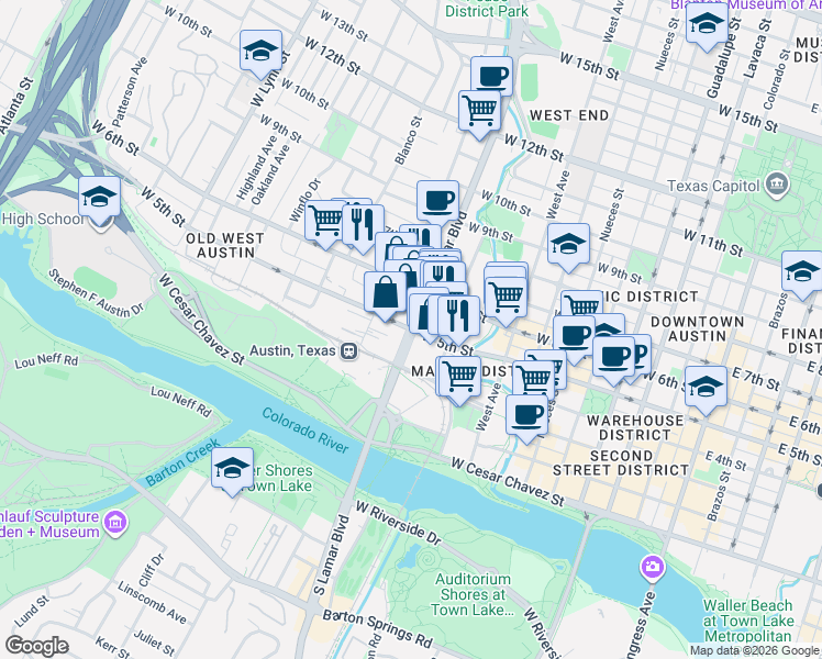 map of restaurants, bars, coffee shops, grocery stores, and more near N Lamar Blvd & W 5th St in Austin