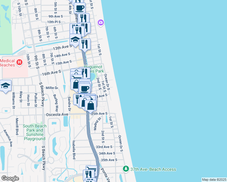 map of restaurants, bars, coffee shops, grocery stores, and more near 2200 Ocean Drive South in Jacksonville Beach