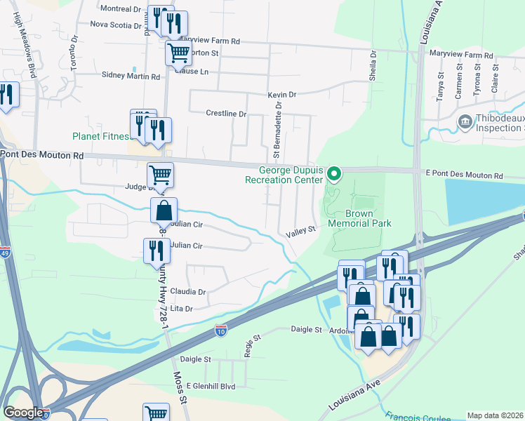 map of restaurants, bars, coffee shops, grocery stores, and more near 206 Rue Royale in Lafayette