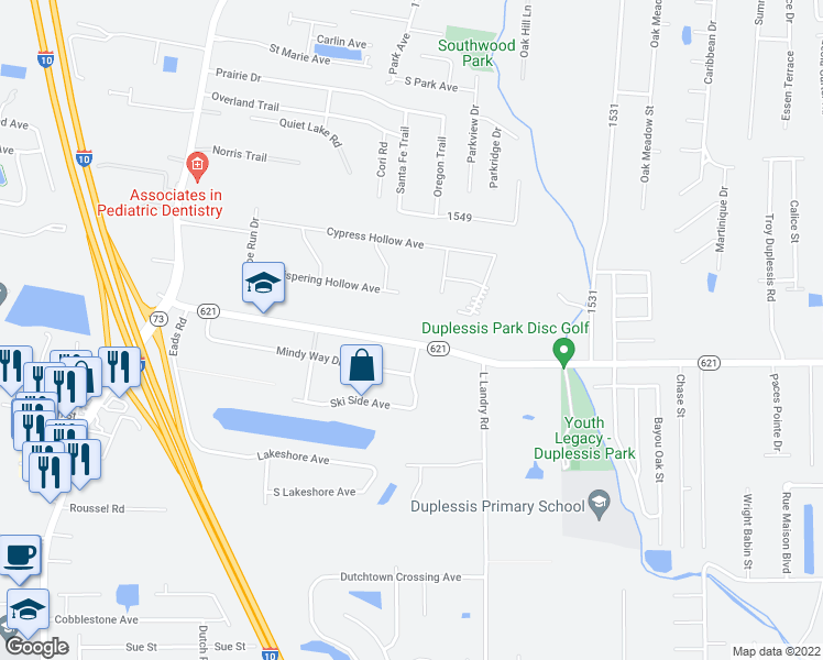 map of restaurants, bars, coffee shops, grocery stores, and more near 37372 Louisiana 621 in Prairieville