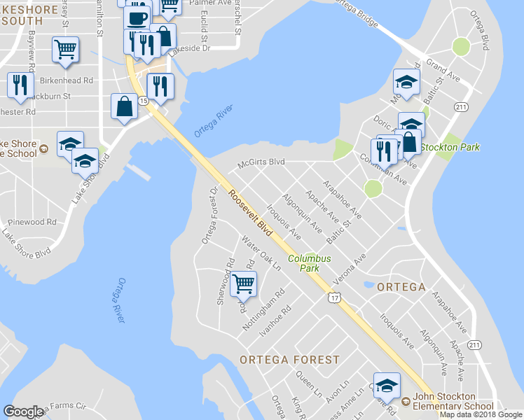 map of restaurants, bars, coffee shops, grocery stores, and more near 4450 Hiawatha Street in Jacksonville