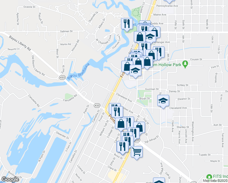 map of restaurants, bars, coffee shops, grocery stores, and more near 2594 Front Street in Slidell