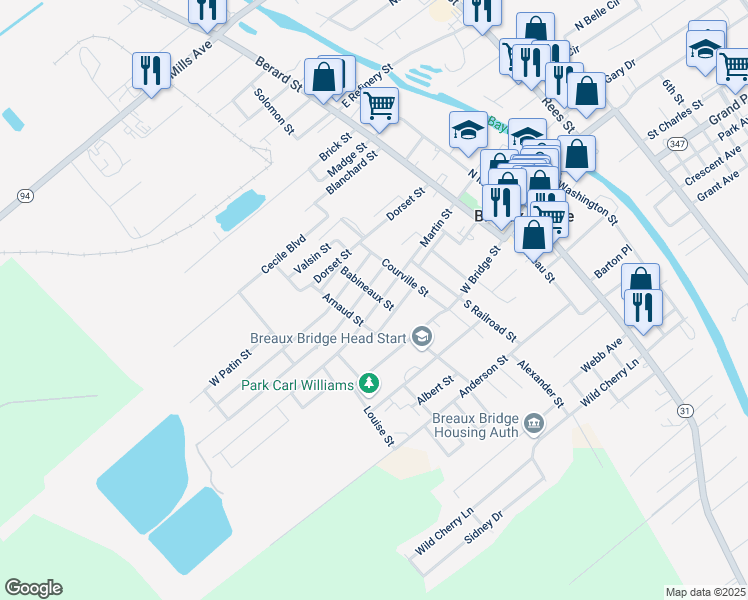 map of restaurants, bars, coffee shops, grocery stores, and more near 721 Begnaud Street in Breaux Bridge