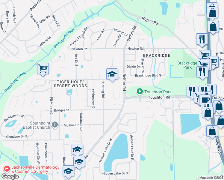 map of restaurants, bars, coffee shops, grocery stores, and more near 3076 Hawks Hill Lane in Jacksonville