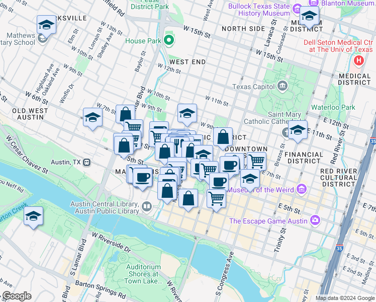 map of restaurants, bars, coffee shops, grocery stores, and more near 618 West 6th Street in Austin