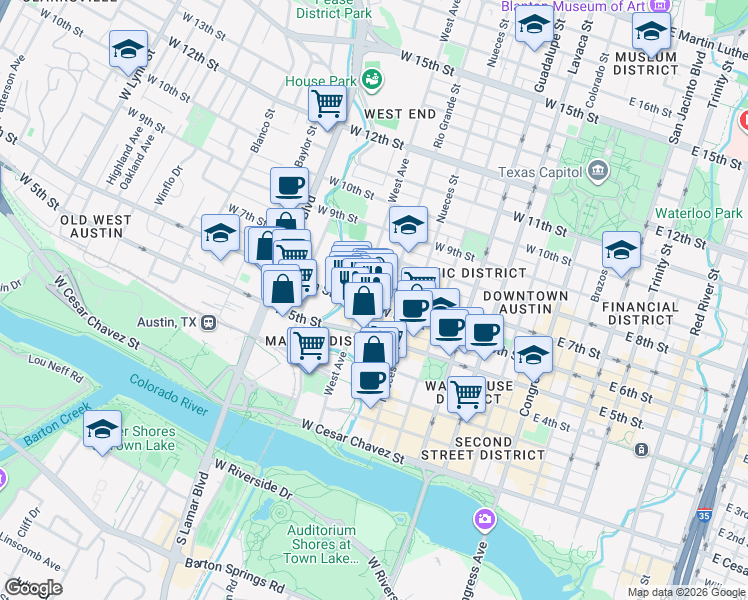 map of restaurants, bars, coffee shops, grocery stores, and more near 800 West 6th Street in Austin