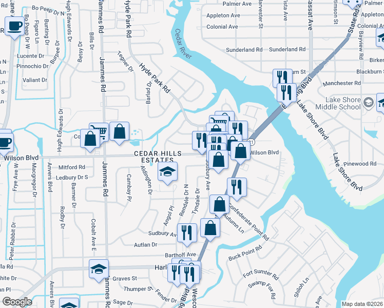 map of restaurants, bars, coffee shops, grocery stores, and more near 6066 Wilson Boulevard in Jacksonville
