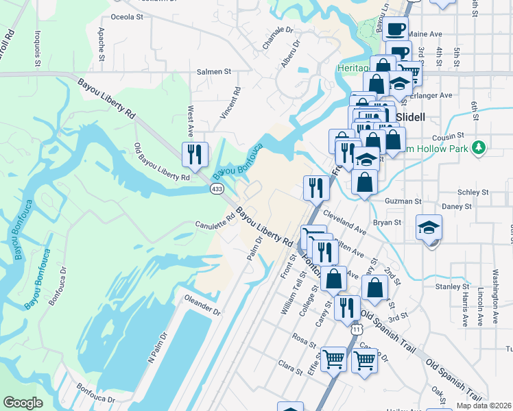 map of restaurants, bars, coffee shops, grocery stores, and more near 354386 Bayou Liberty Road in Slidell
