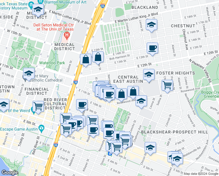 map of restaurants, bars, coffee shops, grocery stores, and more near 1172 Navasota Street in Austin