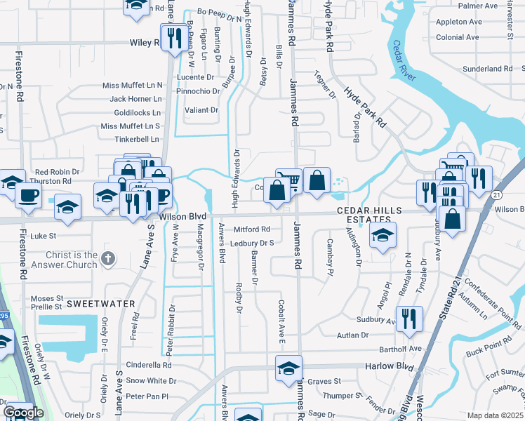 map of restaurants, bars, coffee shops, grocery stores, and more near 6507 Wilson Boulevard in Jacksonville