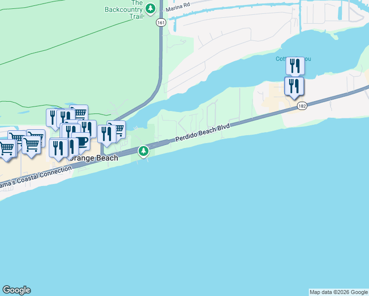 map of restaurants, bars, coffee shops, grocery stores, and more near 26124 Perdido Beach Boulevard in Orange Beach