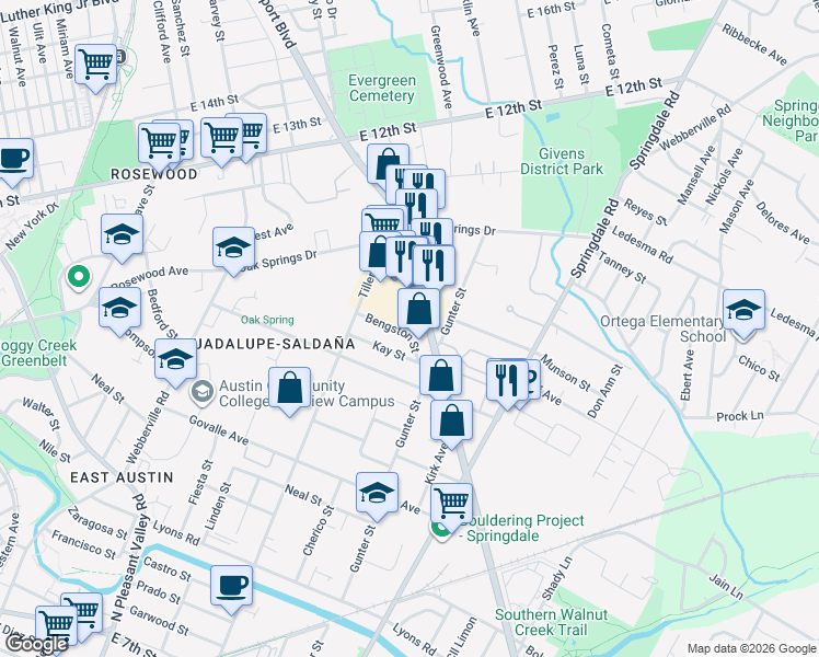 map of restaurants, bars, coffee shops, grocery stores, and more near 3313 Bengston Street in Austin