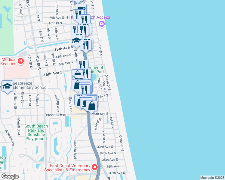 map of restaurants, bars, coffee shops, grocery stores, and more near 2200 Ocean Drive South in Jacksonville Beach