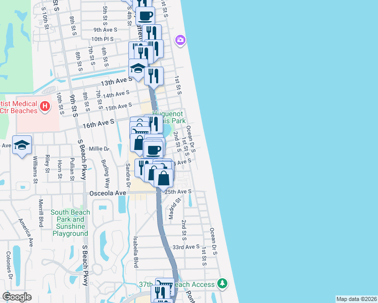 map of restaurants, bars, coffee shops, grocery stores, and more near in Jacksonville Beach