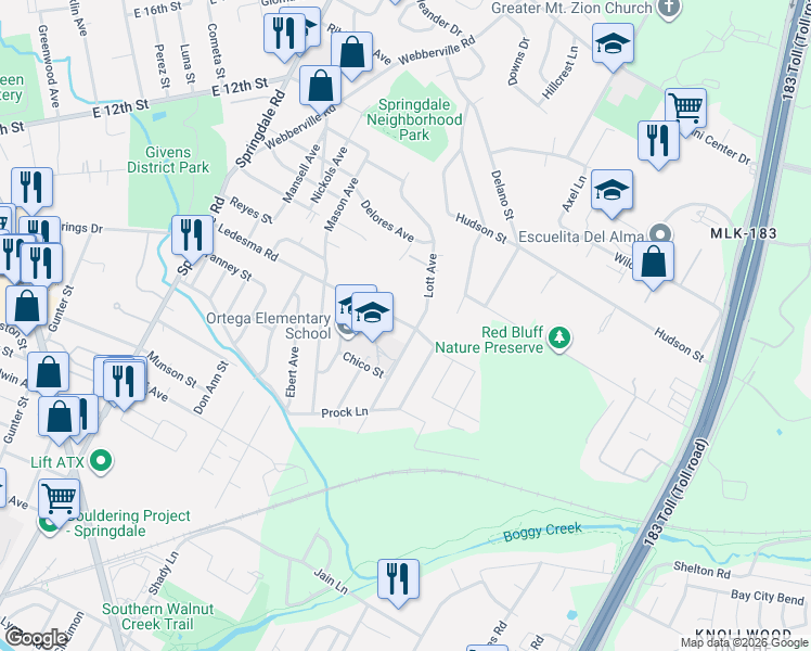 map of restaurants, bars, coffee shops, grocery stores, and more near 1036 Lott Avenue in Austin