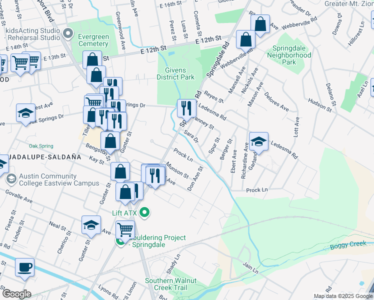 map of restaurants, bars, coffee shops, grocery stores, and more near 4710 Prock Lane in Austin