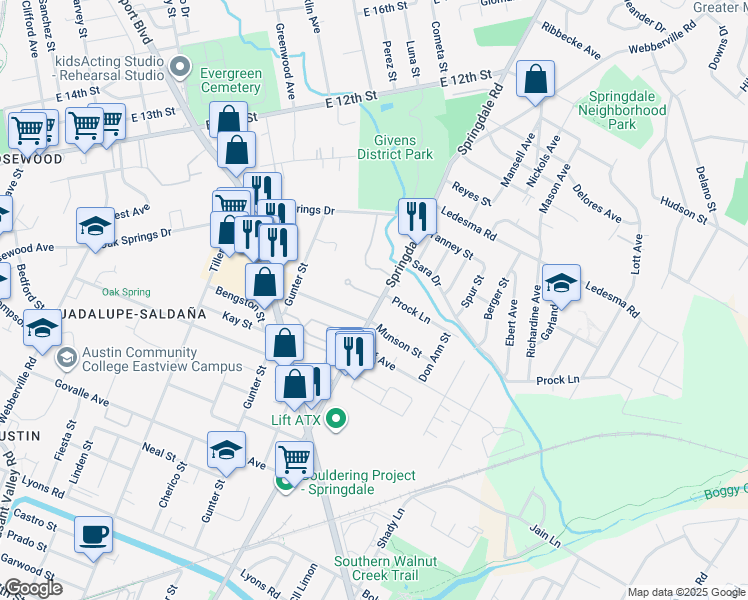 map of restaurants, bars, coffee shops, grocery stores, and more near 4609 Prock Lane in Austin