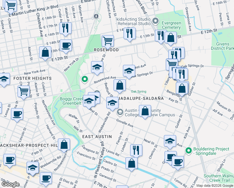 map of restaurants, bars, coffee shops, grocery stores, and more near 7202 Bedford Street in Austin