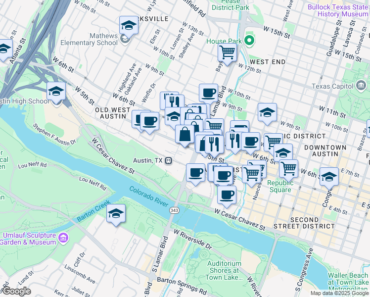map of restaurants, bars, coffee shops, grocery stores, and more near 1011 West 5th Street in Austin