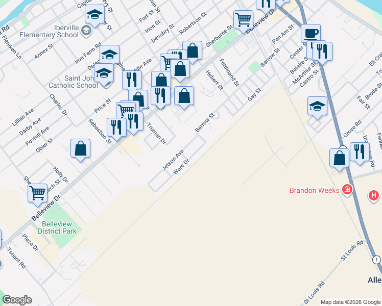map of restaurants, bars, coffee shops, grocery stores, and more near 58577 Ware Drive in Plaquemine