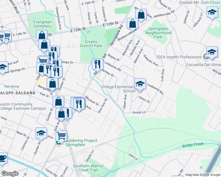 map of restaurants, bars, coffee shops, grocery stores, and more near 1107 Spur Street in Austin