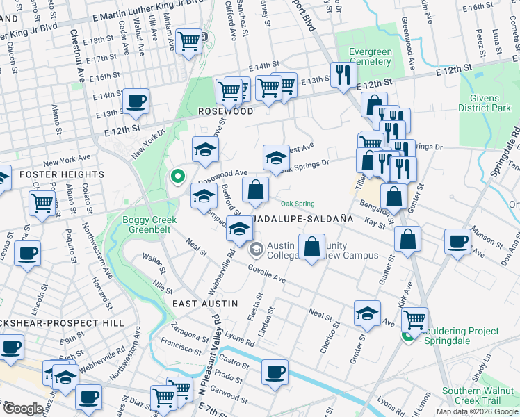 map of restaurants, bars, coffee shops, grocery stores, and more near 3501 Webberville Road in Austin
