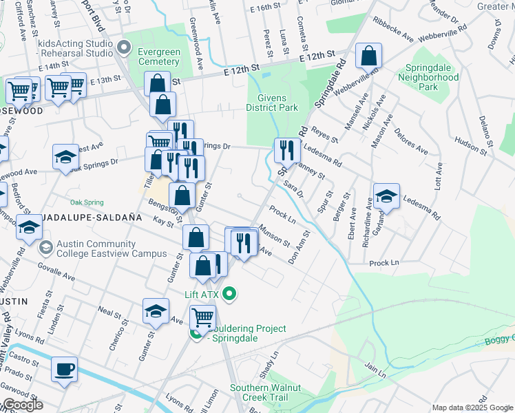 map of restaurants, bars, coffee shops, grocery stores, and more near 4609 Prock Lane in Austin