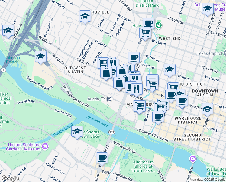 map of restaurants, bars, coffee shops, grocery stores, and more near 304 Baylor Street in Austin