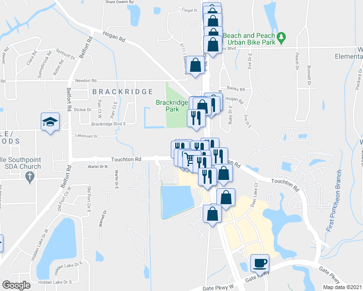 map of restaurants, bars, coffee shops, grocery stores, and more near 8511 Touchton Rd E in Jacksonville