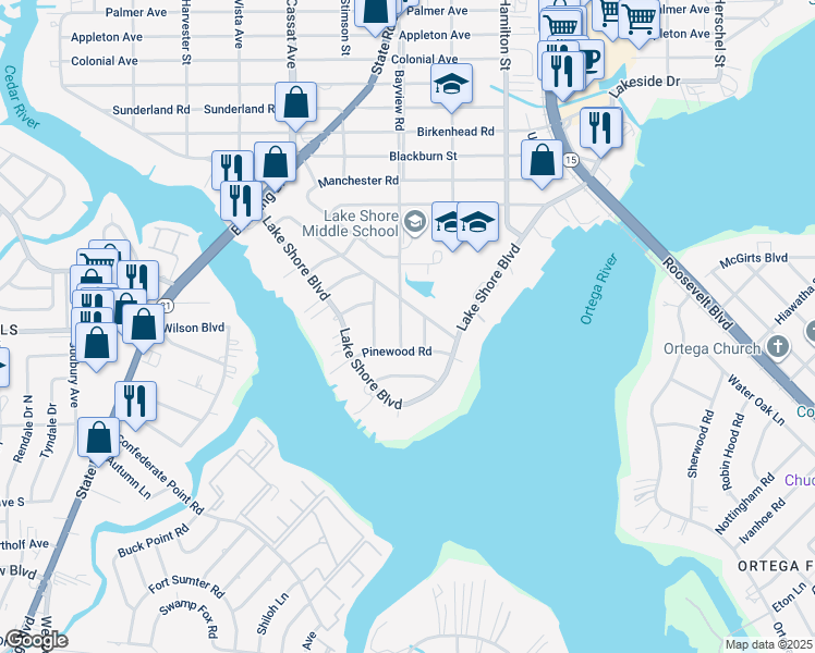 map of restaurants, bars, coffee shops, grocery stores, and more near 2755 Bayview Road in Jacksonville