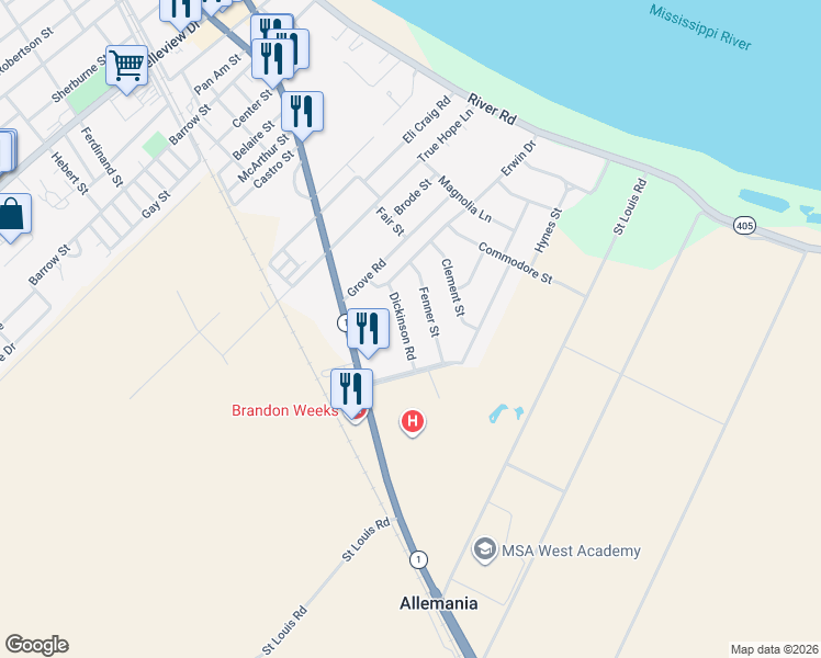 map of restaurants, bars, coffee shops, grocery stores, and more near 25373 Dickinson Road in Plaquemine