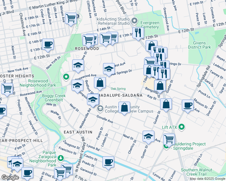 map of restaurants, bars, coffee shops, grocery stores, and more near 2807 Goodwin Avenue in Austin