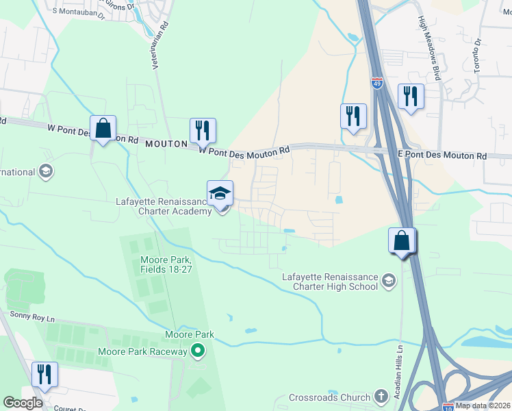map of restaurants, bars, coffee shops, grocery stores, and more near 2763 Northwest Evangeline Thwy in Lafayette