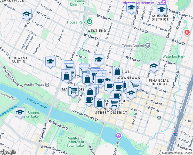 map of restaurants, bars, coffee shops, grocery stores, and more near 615 West 7th Street in Austin