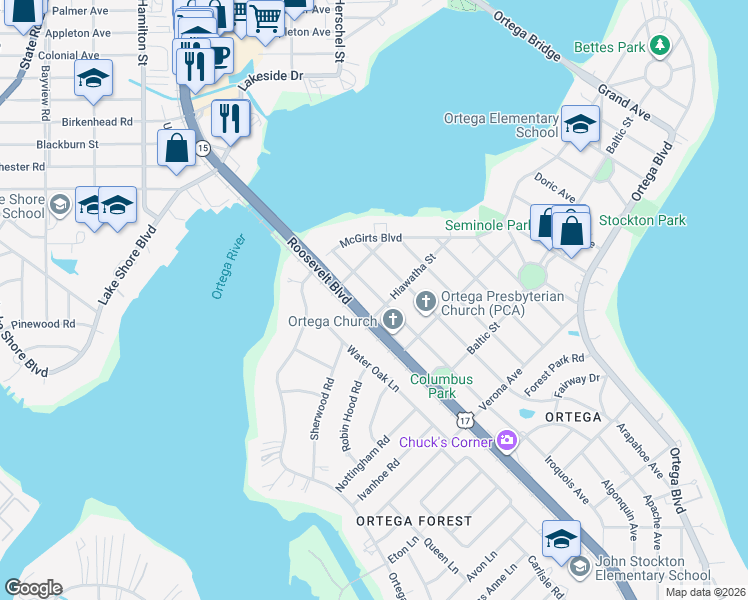 map of restaurants, bars, coffee shops, grocery stores, and more near 2642 Iroquois Avenue in Jacksonville