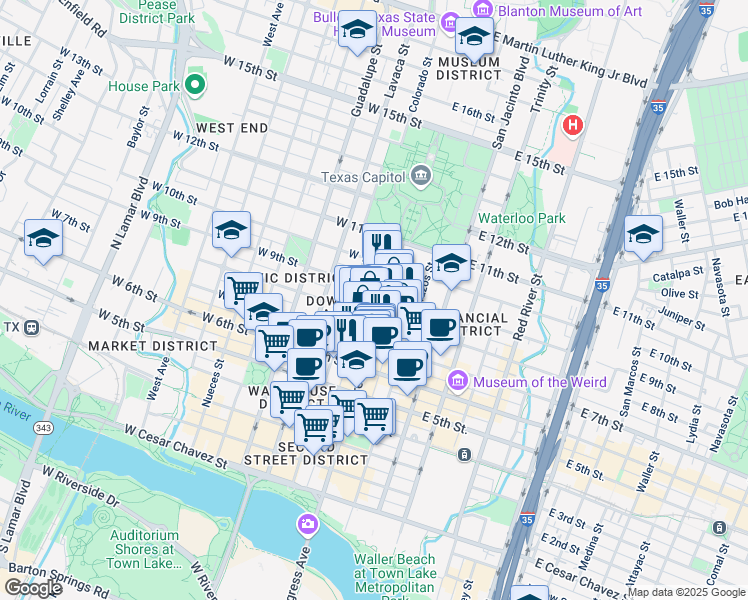 map of restaurants, bars, coffee shops, grocery stores, and more near 816 Congress Avenue in Austin