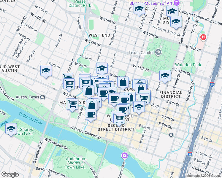 map of restaurants, bars, coffee shops, grocery stores, and more near 702 San Antonio Street in Austin