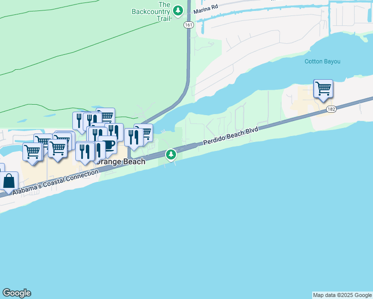 map of restaurants, bars, coffee shops, grocery stores, and more near 26032 Perdido Beach Boulevard in Orange Beach