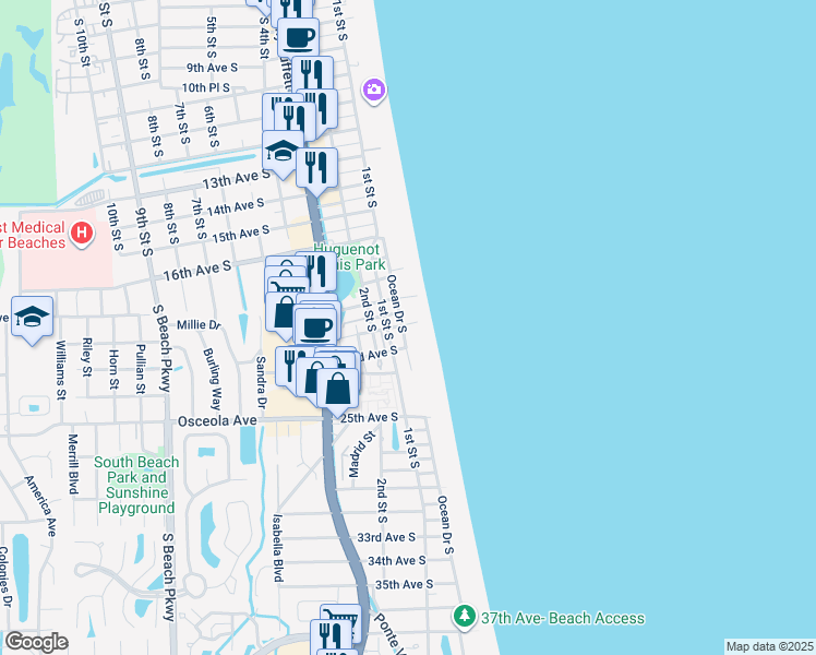 map of restaurants, bars, coffee shops, grocery stores, and more near 2200 Ocean Drive South in Jacksonville Beach