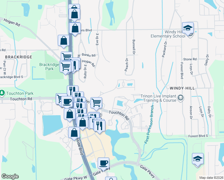 map of restaurants, bars, coffee shops, grocery stores, and more near 9727 Touchton Road in Jacksonville